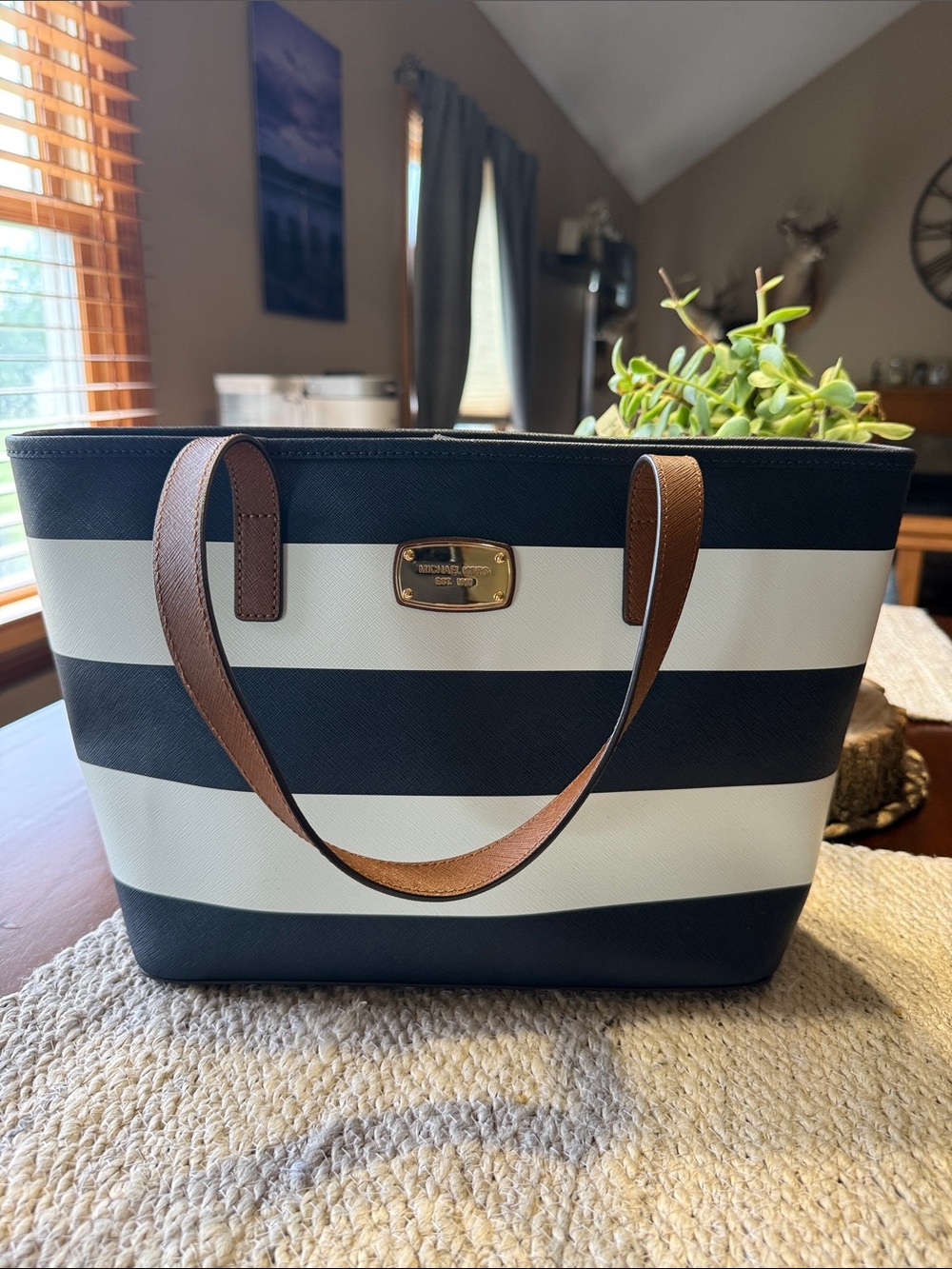 Michael Kors Navy and White Striped Tote with Brown Handles